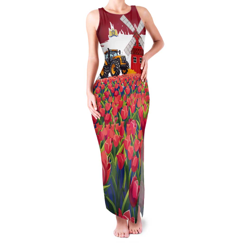 Netherlands Farm Landscape Tank Maxi Dress with Tractor and Tulips