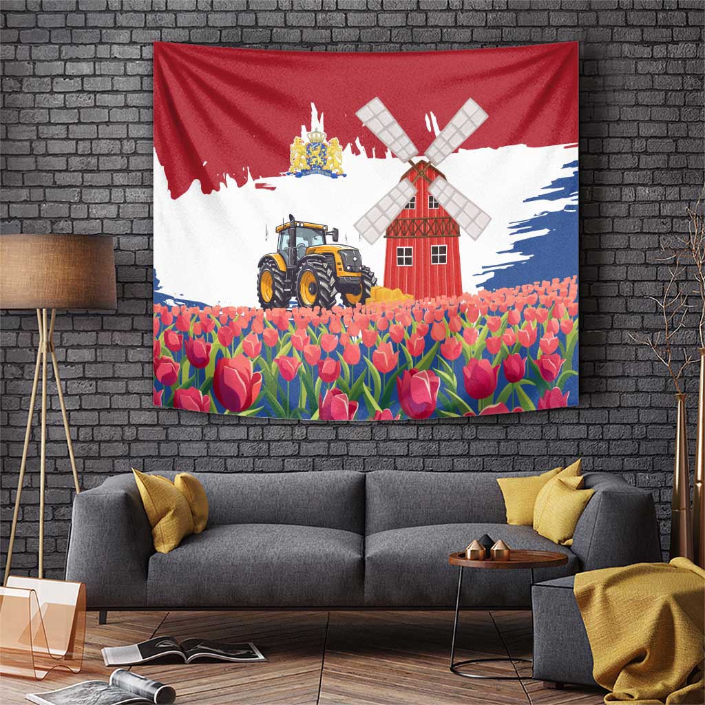 Netherlands Farm Landscape Tapestry with Tractor and Tulips