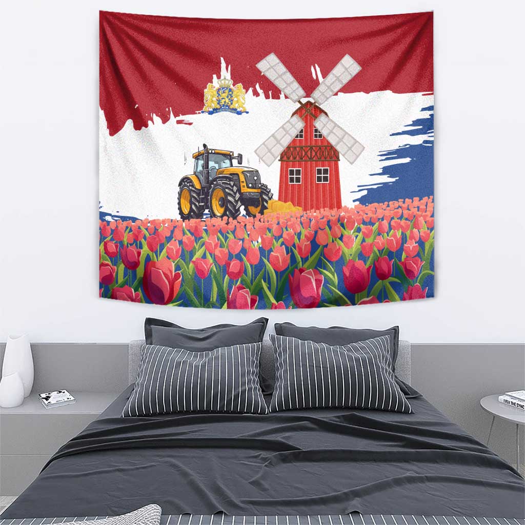 Netherlands Farm Landscape Tapestry with Tractor and Tulips