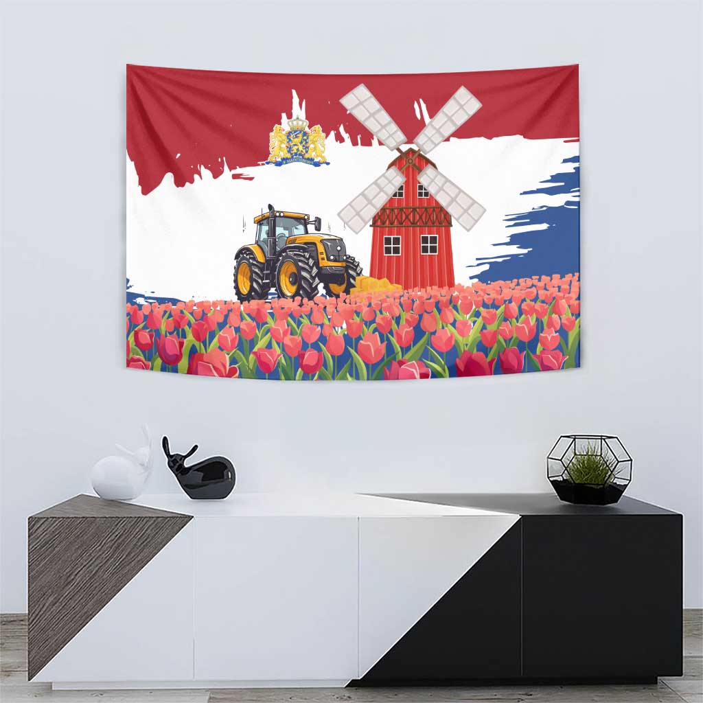 Netherlands Farm Landscape Tapestry with Tractor and Tulips