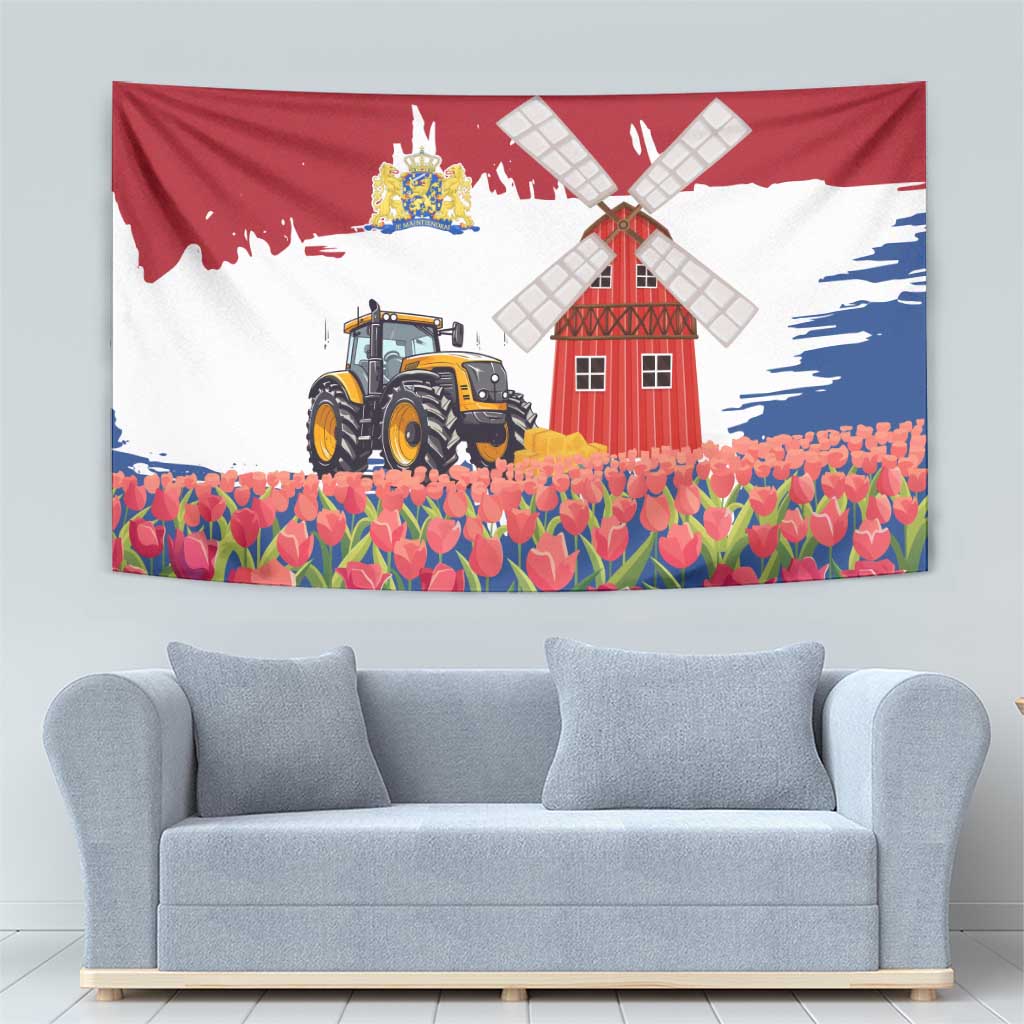 Netherlands Farm Landscape Tapestry with Tractor and Tulips