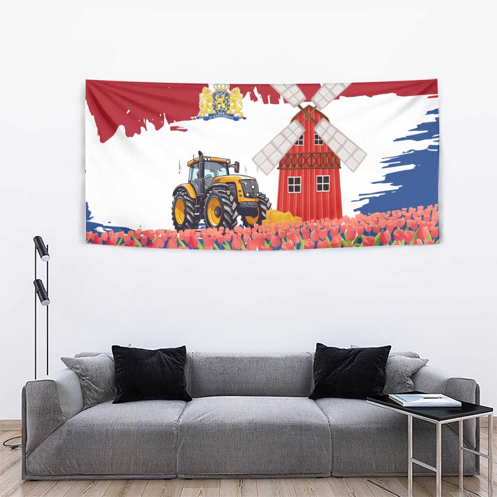 Netherlands Farm Landscape Tapestry with Tractor and Tulips