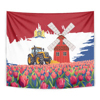 Netherlands Farm Landscape Tapestry with Tractor and Tulips