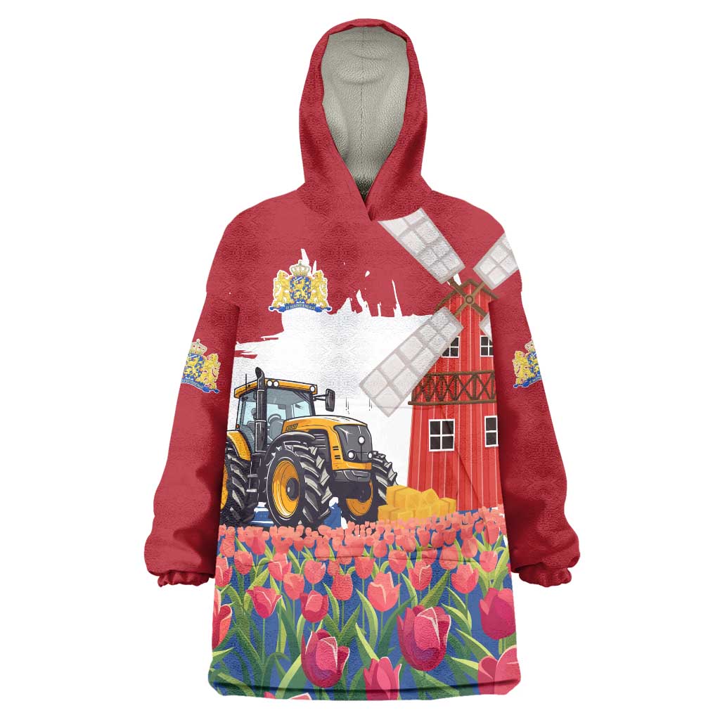 Netherlands Farm Landscape Wearable Blanket Hoodie with Tractor and Tulips