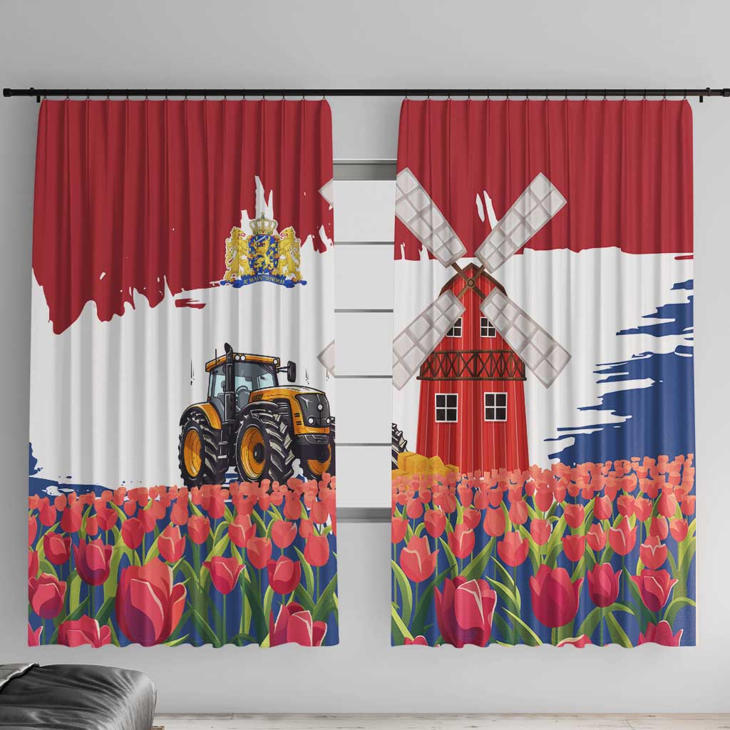 Netherlands Farm Landscape Window Curtain with Tractor and Tulips
