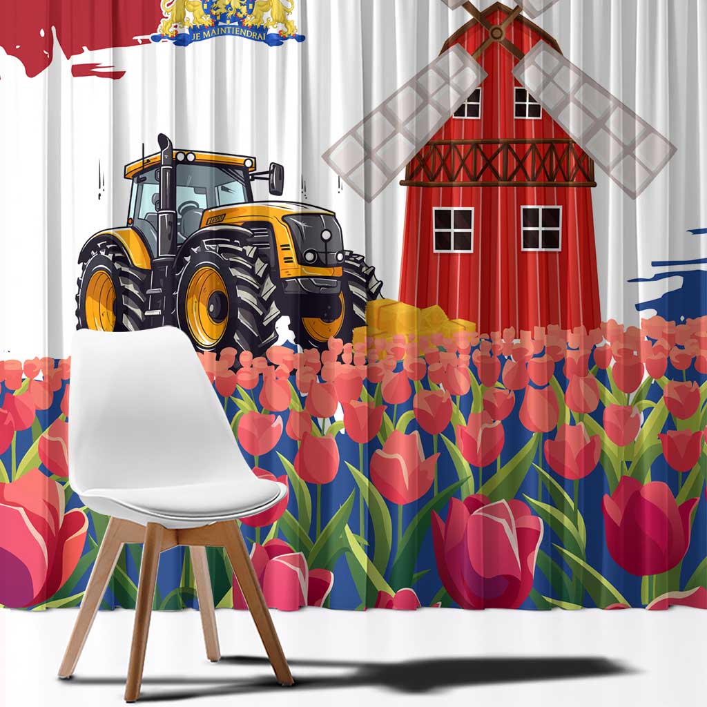 Netherlands Farm Landscape Window Curtain with Tractor and Tulips