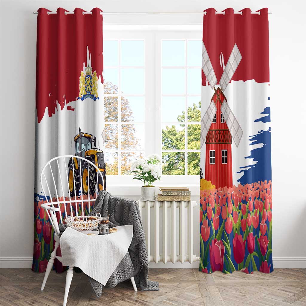 Netherlands Farm Landscape Window Curtain with Tractor and Tulips