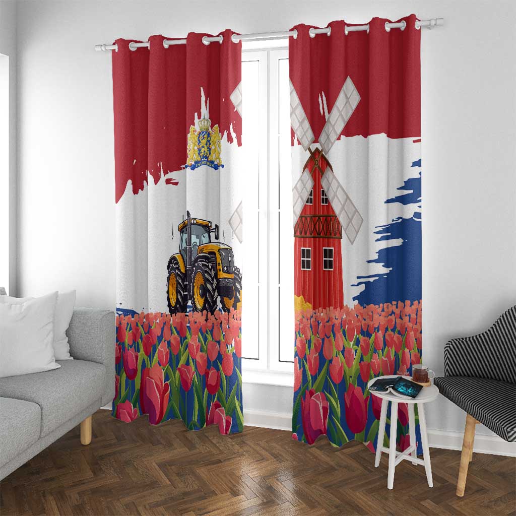 Netherlands Farm Landscape Window Curtain with Tractor and Tulips
