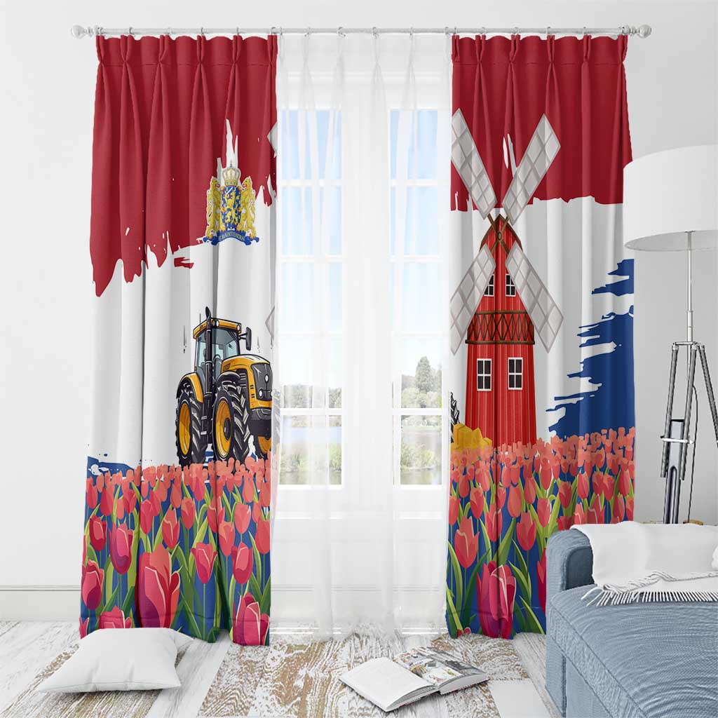 Netherlands Farm Landscape Window Curtain with Tractor and Tulips