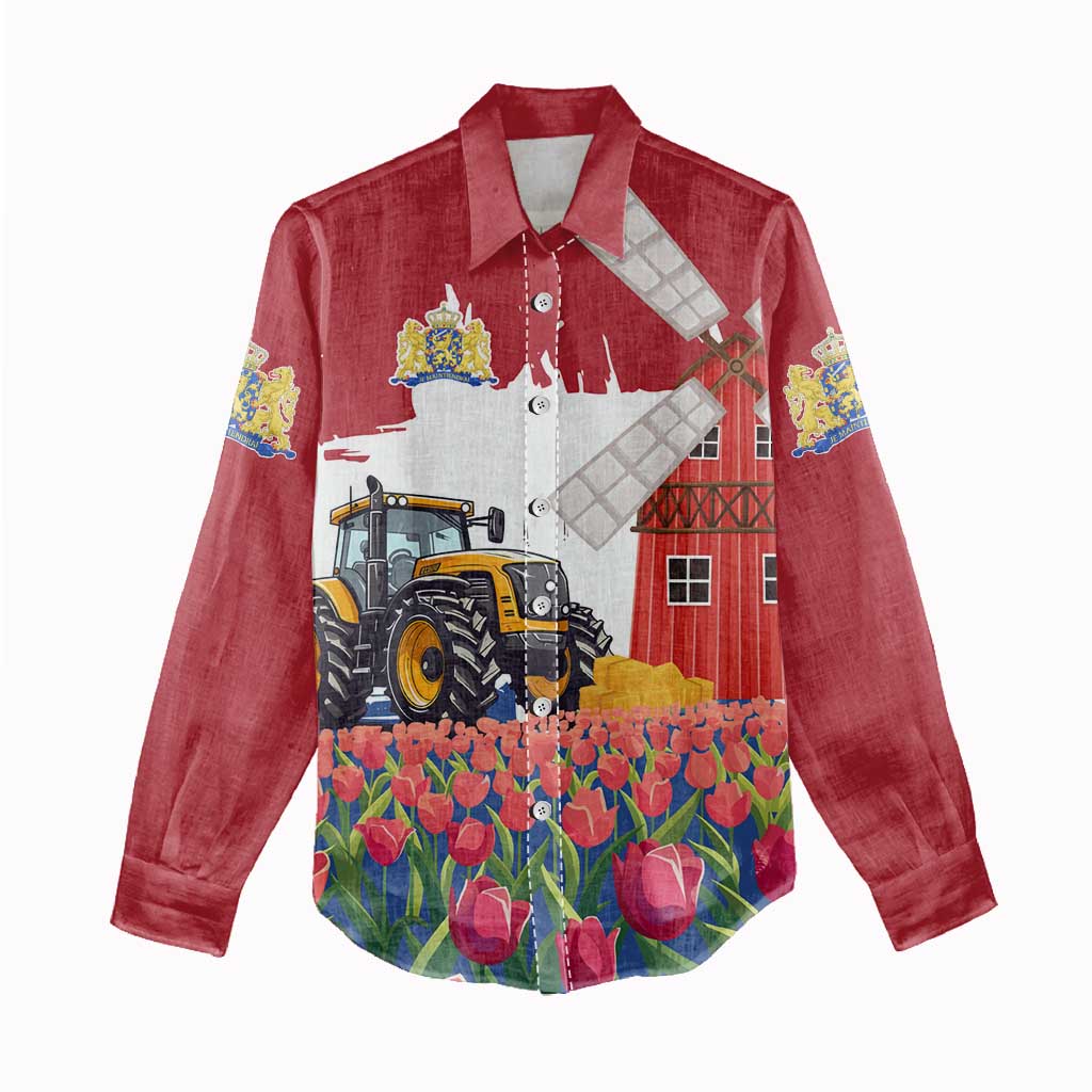 Netherlands Farm Landscape Women Casual Shirt with Tractor and Tulips