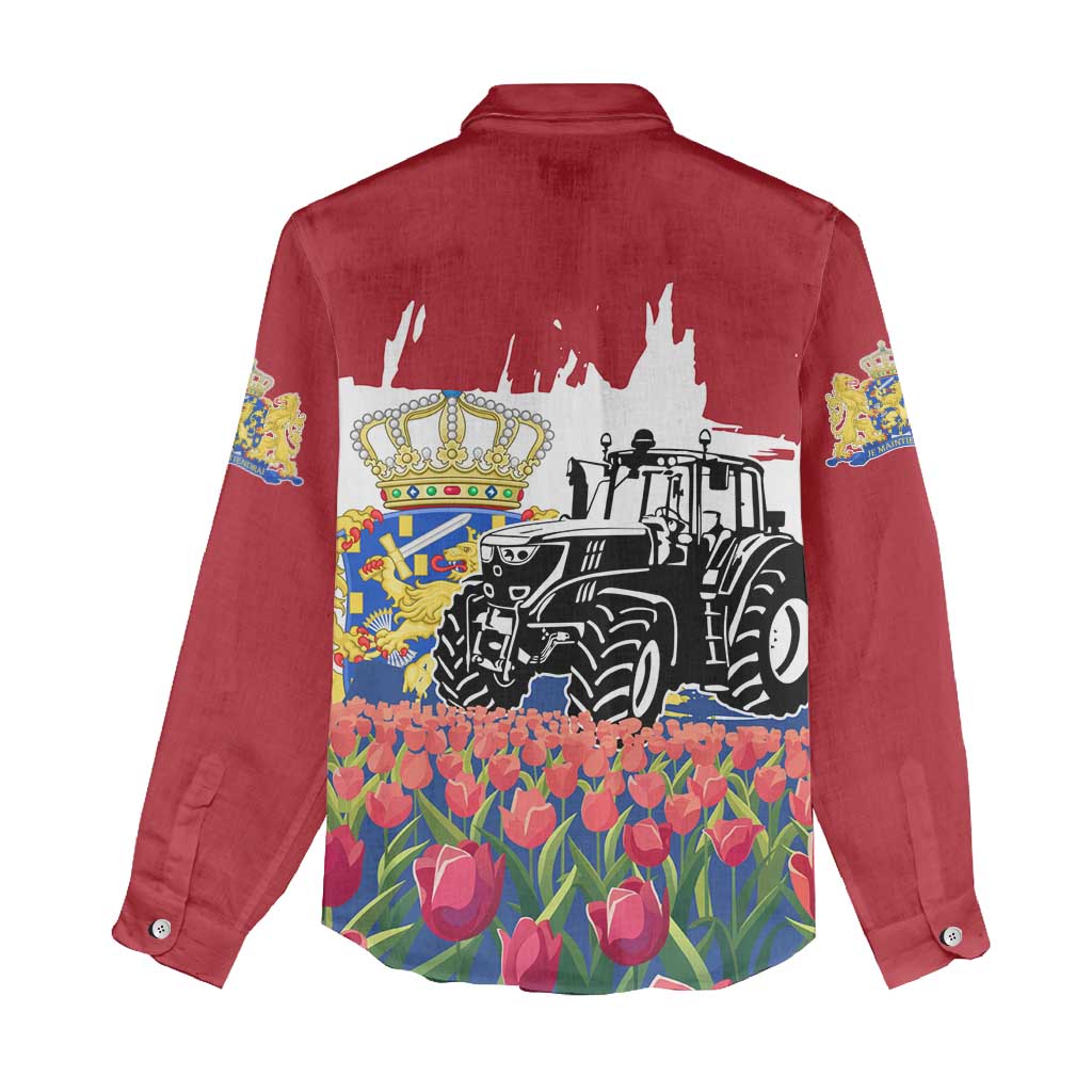 Netherlands Farm Landscape Women Casual Shirt with Tractor and Tulips