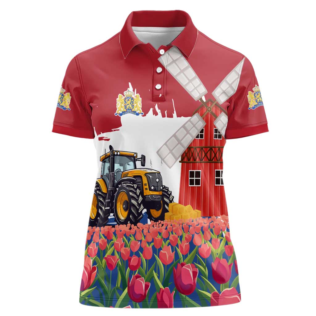 Netherlands Farm Landscape Women Polo Shirt with Tractor and Tulips