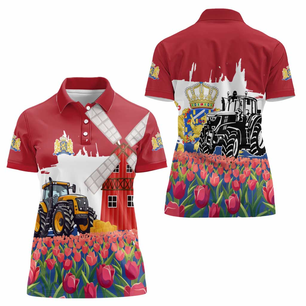Netherlands Farm Landscape Women Polo Shirt with Tractor and Tulips