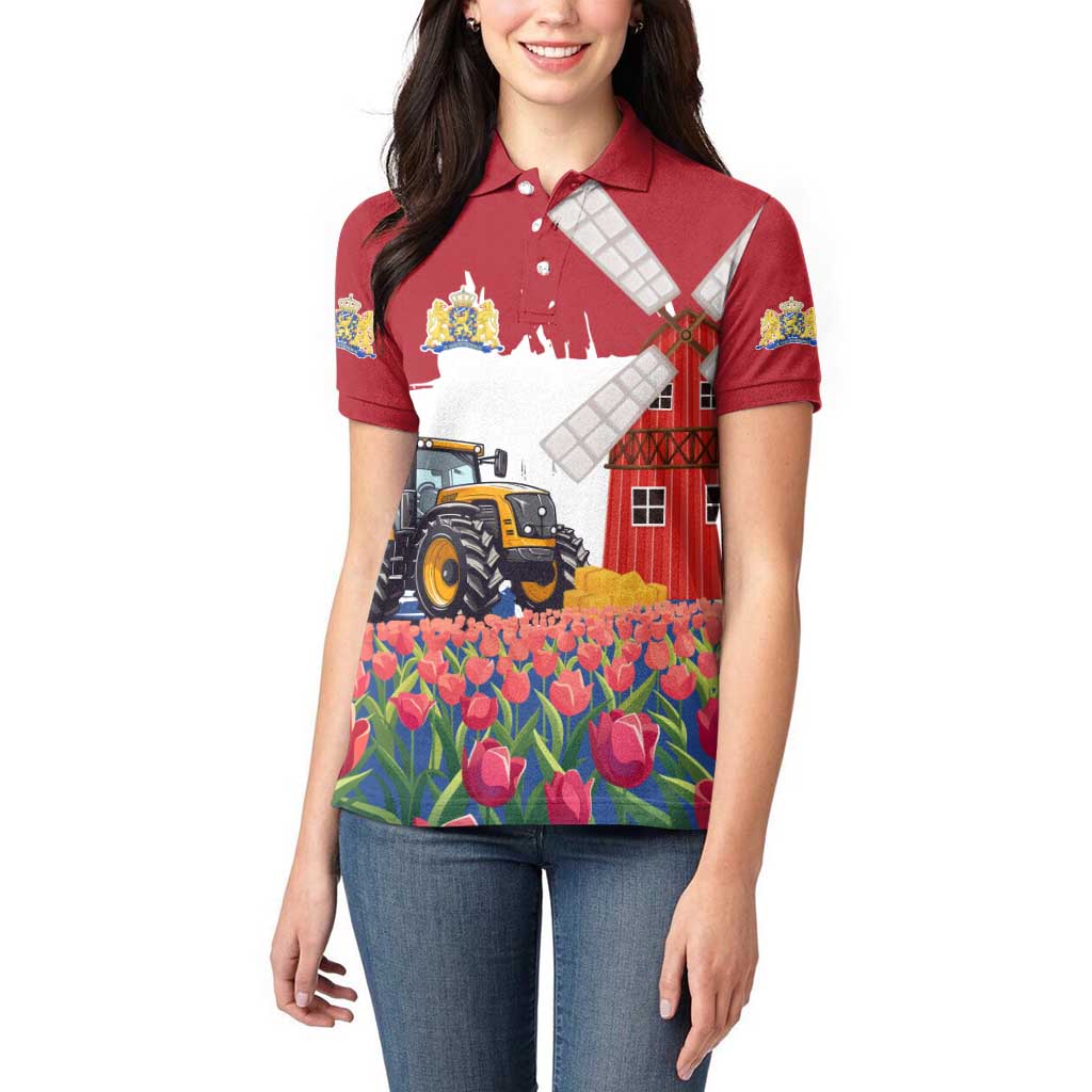 Netherlands Farm Landscape Women Polo Shirt with Tractor and Tulips