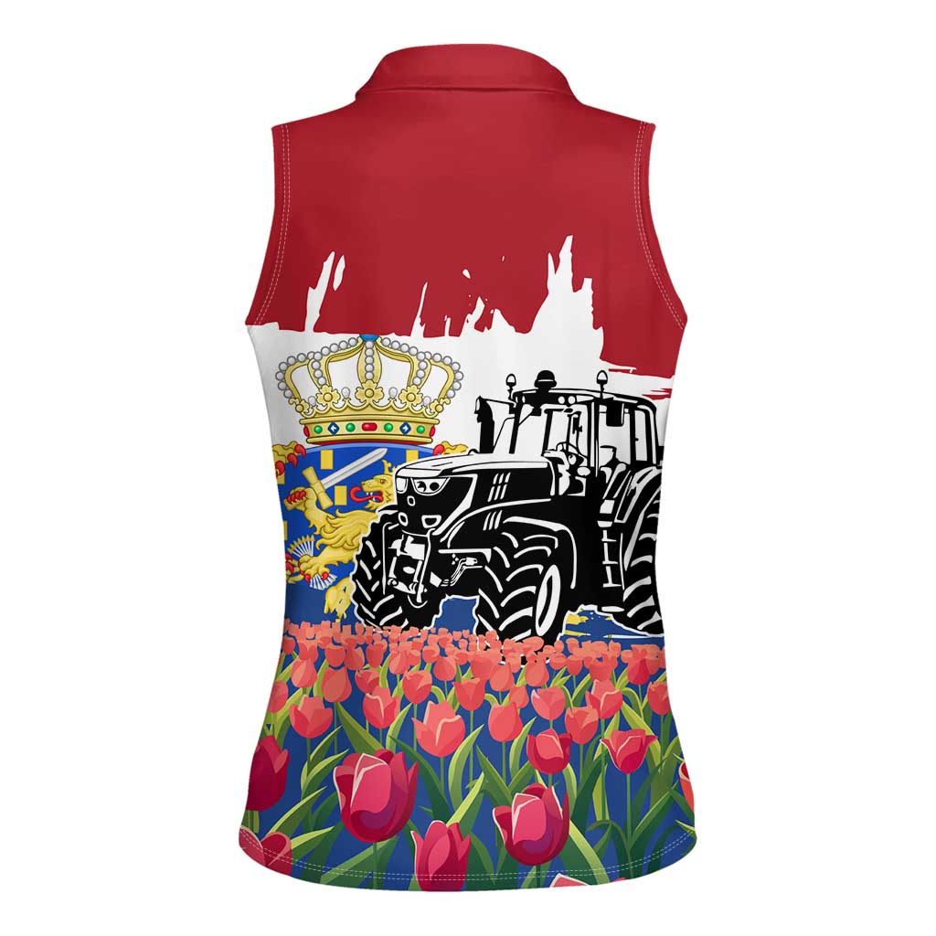 Netherlands Farm Landscape Women Sleeveless Polo Shirt with Tractor and Tulips