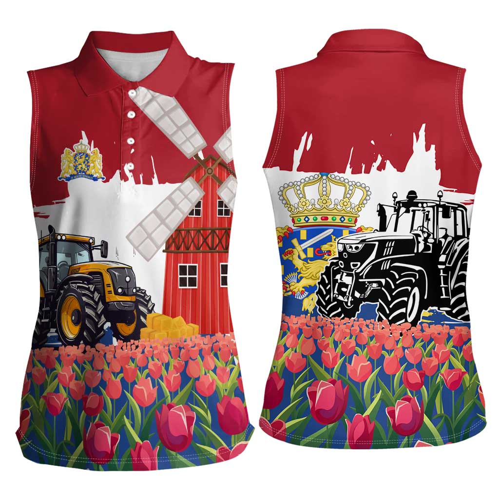 Netherlands Farm Landscape Women Sleeveless Polo Shirt with Tractor and Tulips