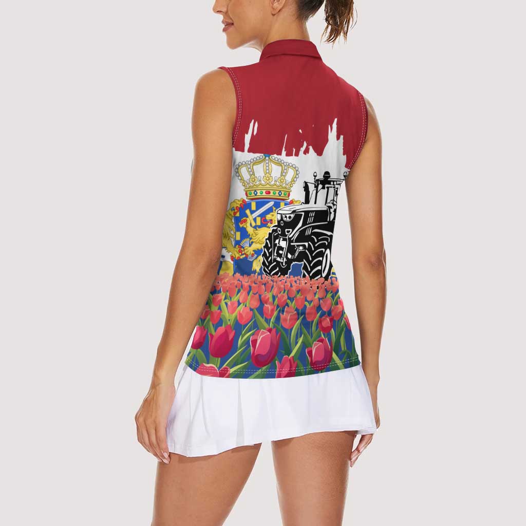 Netherlands Farm Landscape Women Sleeveless Polo Shirt with Tractor and Tulips