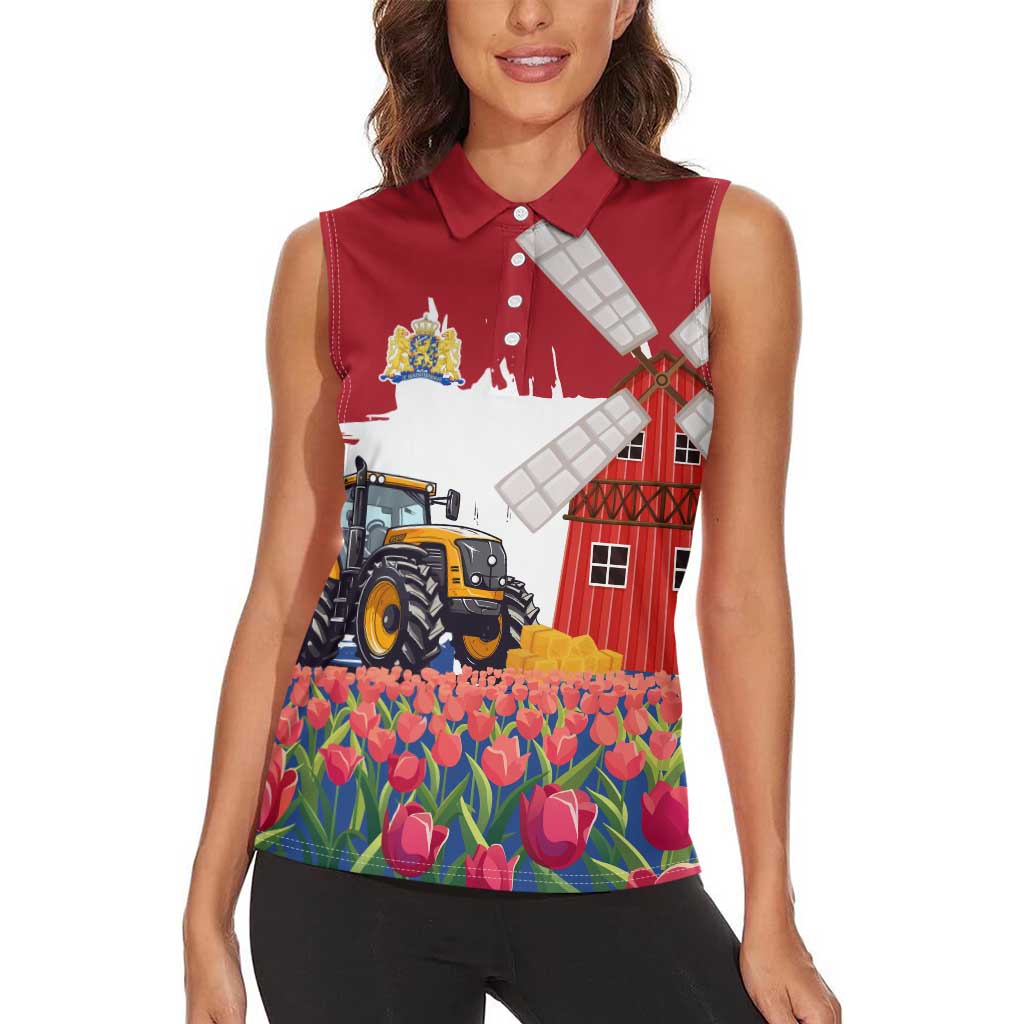 Netherlands Farm Landscape Women Sleeveless Polo Shirt with Tractor and Tulips