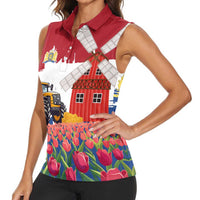 Netherlands Farm Landscape Women Sleeveless Polo Shirt with Tractor and Tulips