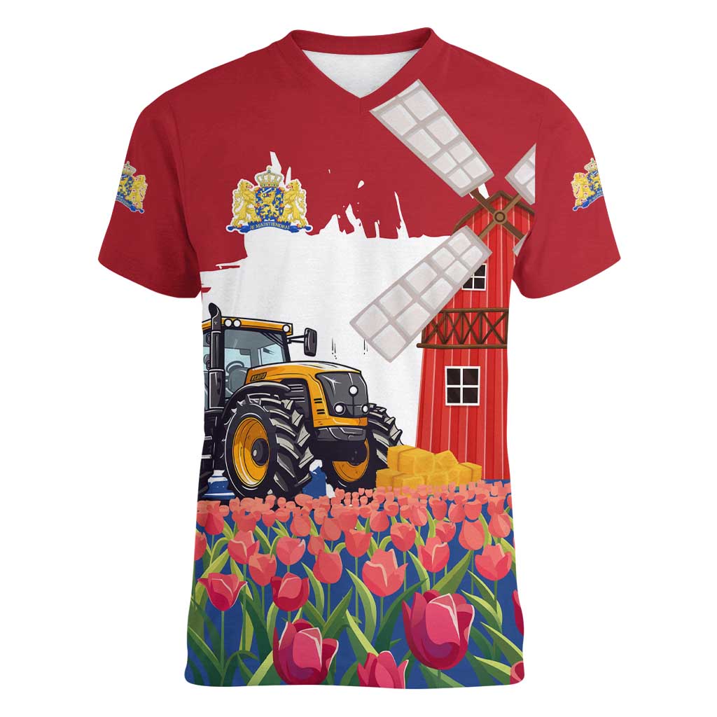 Netherlands Farm Landscape Women V-Neck T-Shirt with Tractor and Tulips