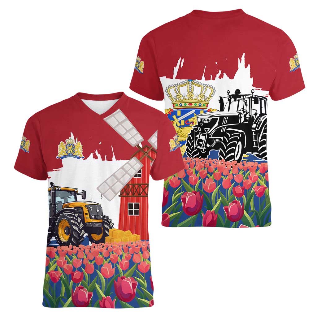 Netherlands Farm Landscape Women V-Neck T-Shirt with Tractor and Tulips