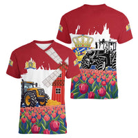 Netherlands Farm Landscape Women V-Neck T-Shirt with Tractor and Tulips