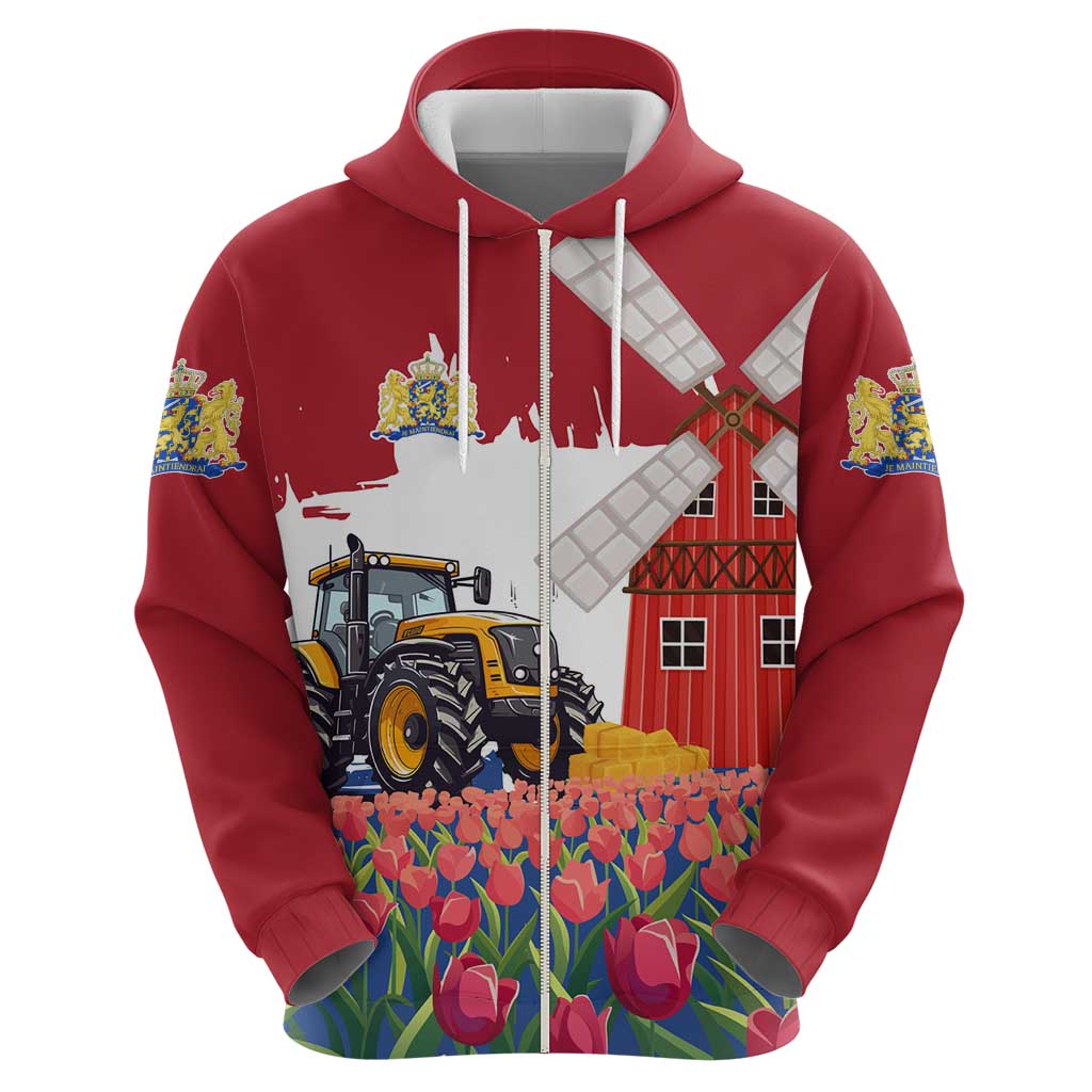 Netherlands Farm Landscape Zip Hoodie with Tractor and Tulips
