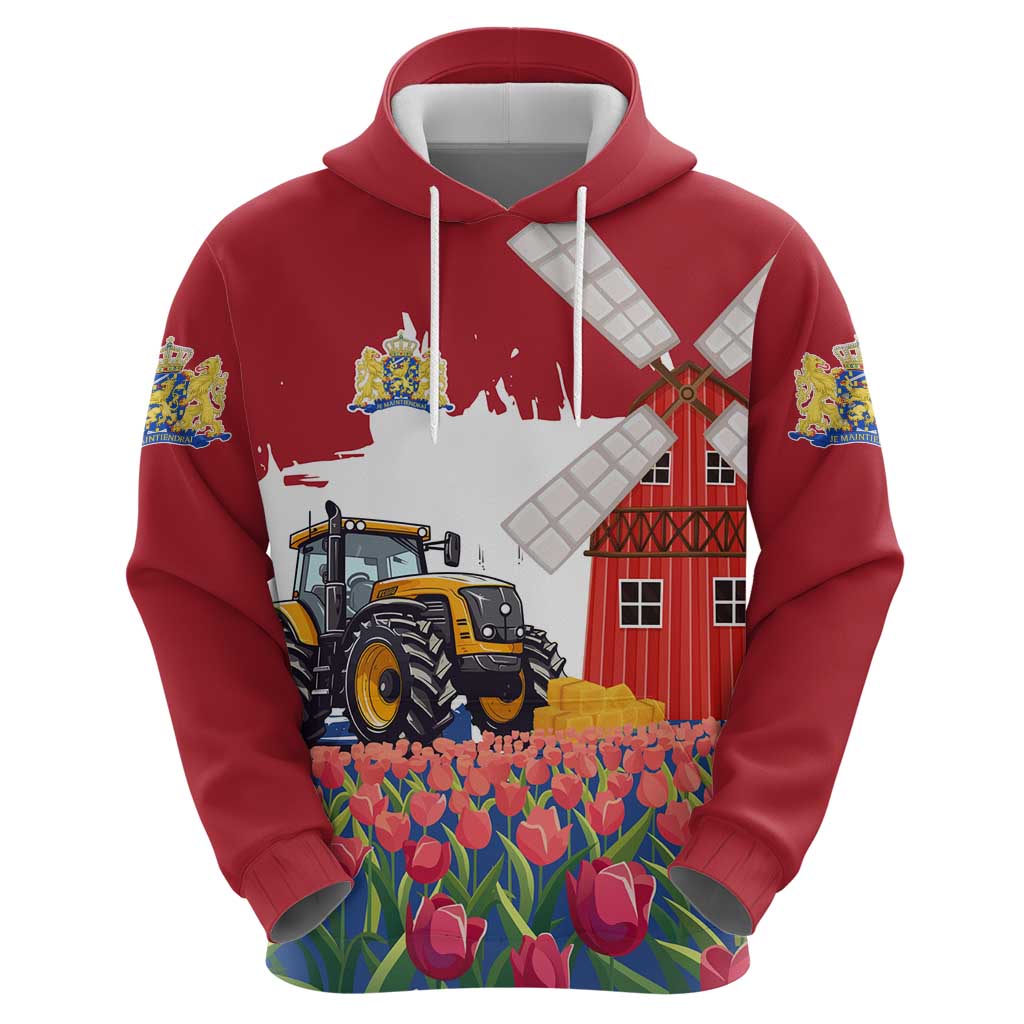 Netherlands Farm Landscape Zip Hoodie with Tractor and Tulips
