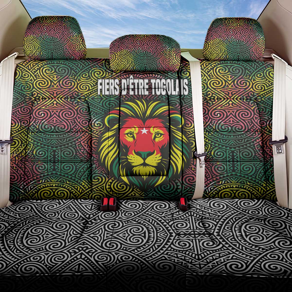 Togo Back Car Seat Cover with Red Lion Head Design and Traditional African Pattern