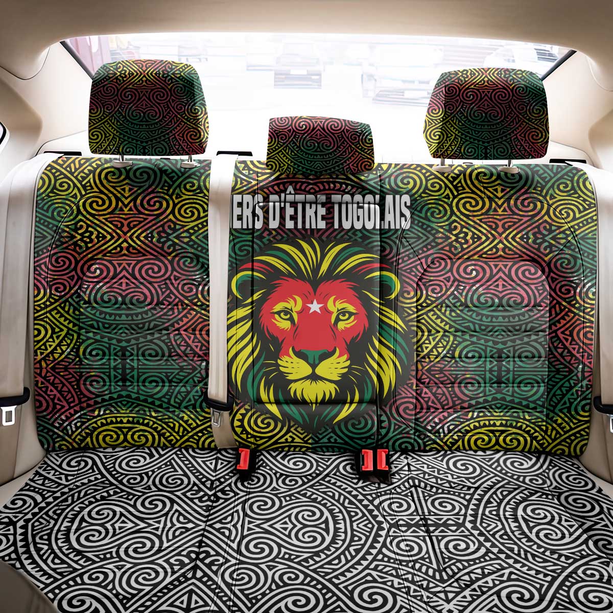 Togo Back Car Seat Cover with Red Lion Head Design and Traditional African Pattern