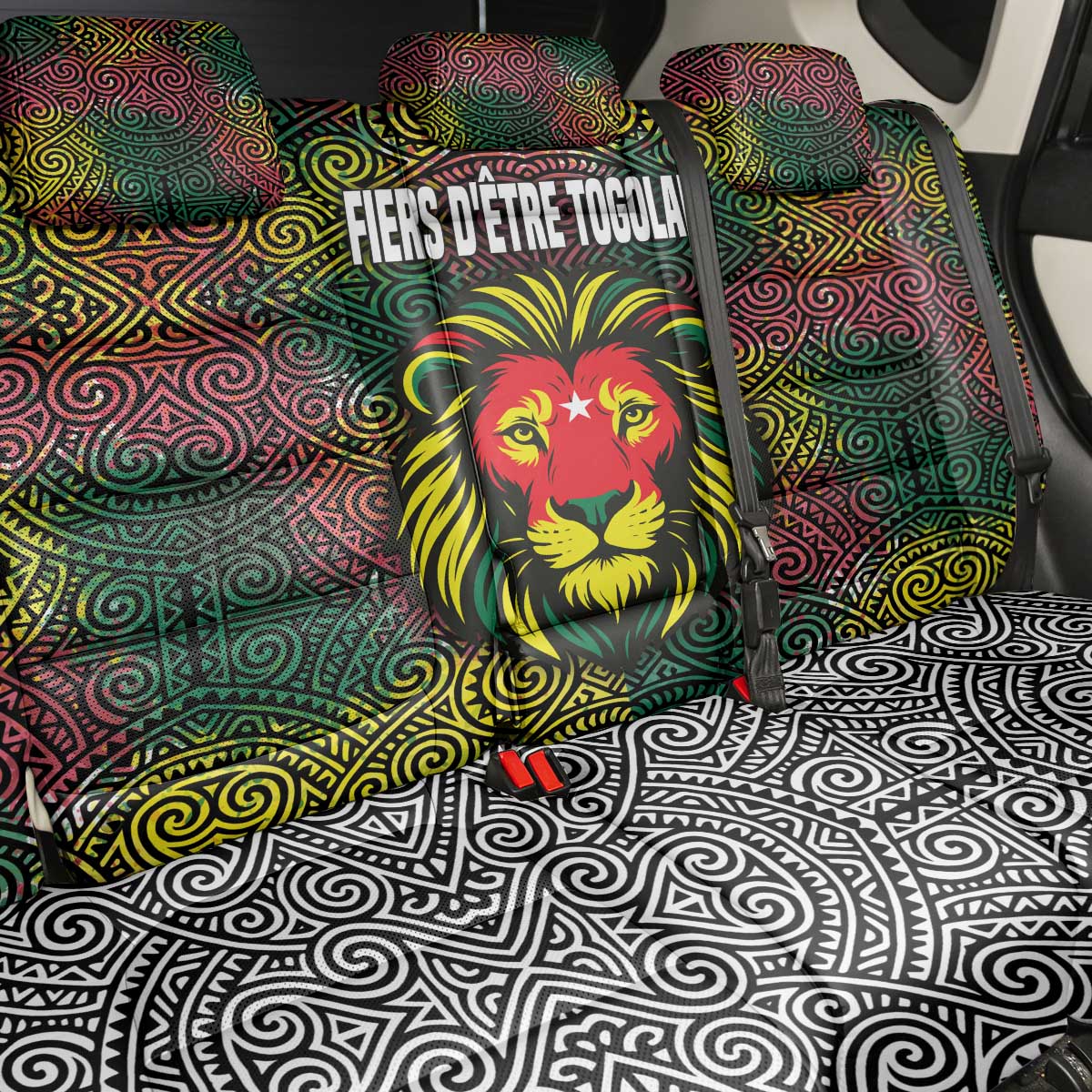 Togo Back Car Seat Cover with Red Lion Head Design and Traditional African Pattern