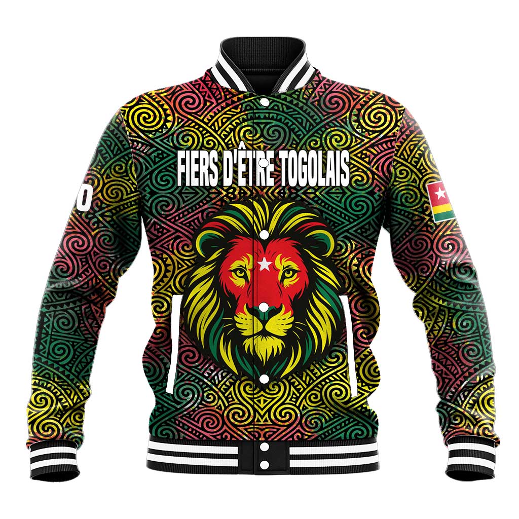 Togo Baseball Jacket with Red Lion Head Design and Traditional African Pattern