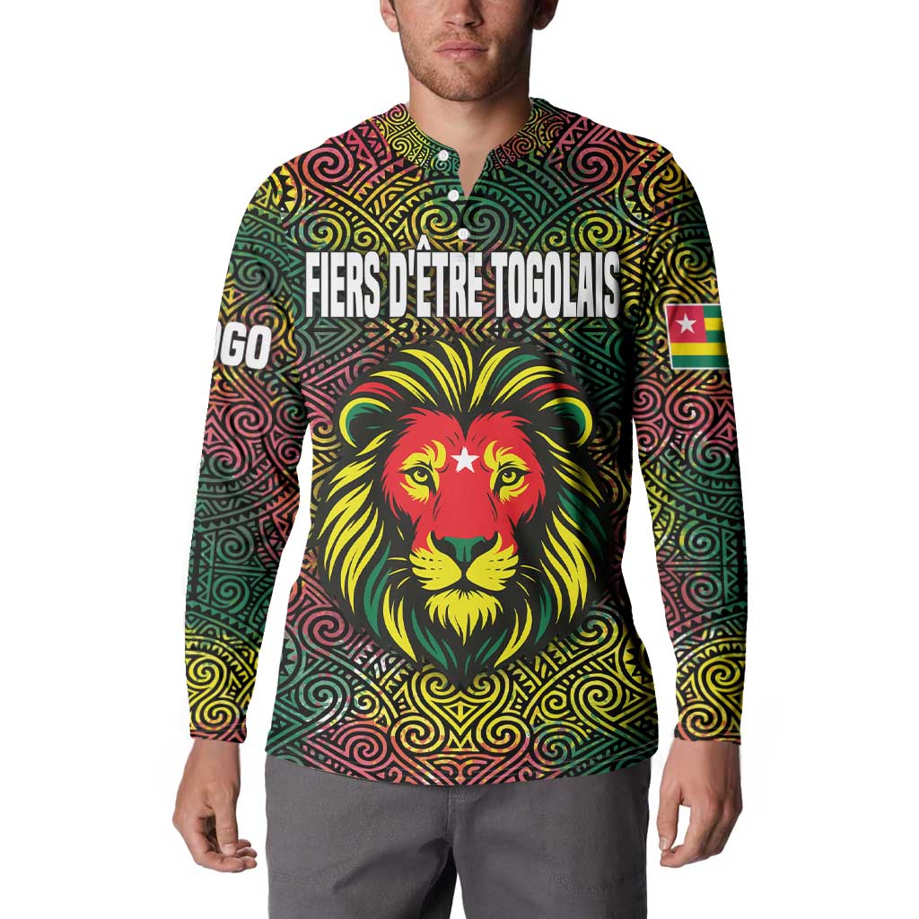Togo Button Sweatshirt with Red Lion Head Design and Traditional African Pattern