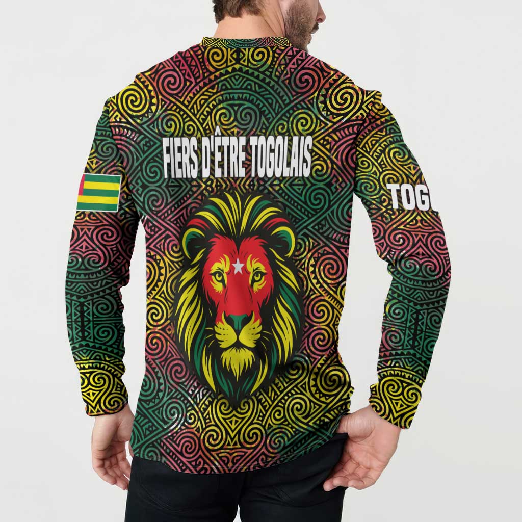 Togo Button Sweatshirt with Red Lion Head Design and Traditional African Pattern