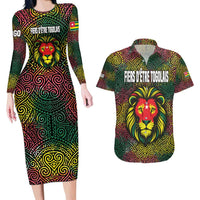 Togo Couples Matching Long Sleeve Bodycon Dress and Hawaiian Shirt with Red Lion Head Design and Traditional African Pattern