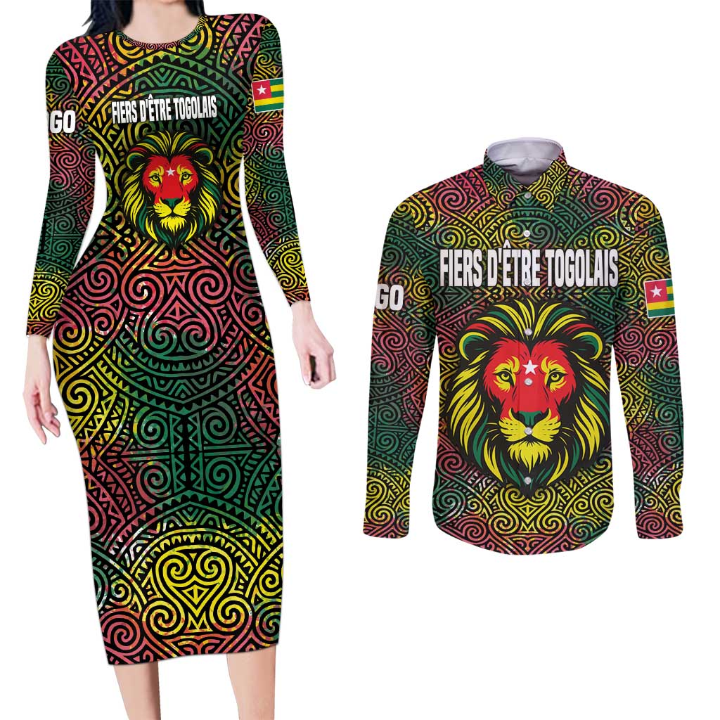Togo Couples Matching Long Sleeve Bodycon Dress and Long Sleeve Button Shirt with Red Lion Head Design and Traditional African Pattern