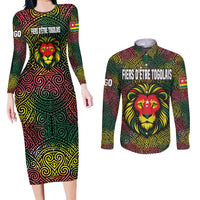 Togo Couples Matching Long Sleeve Bodycon Dress and Long Sleeve Button Shirt with Red Lion Head Design and Traditional African Pattern