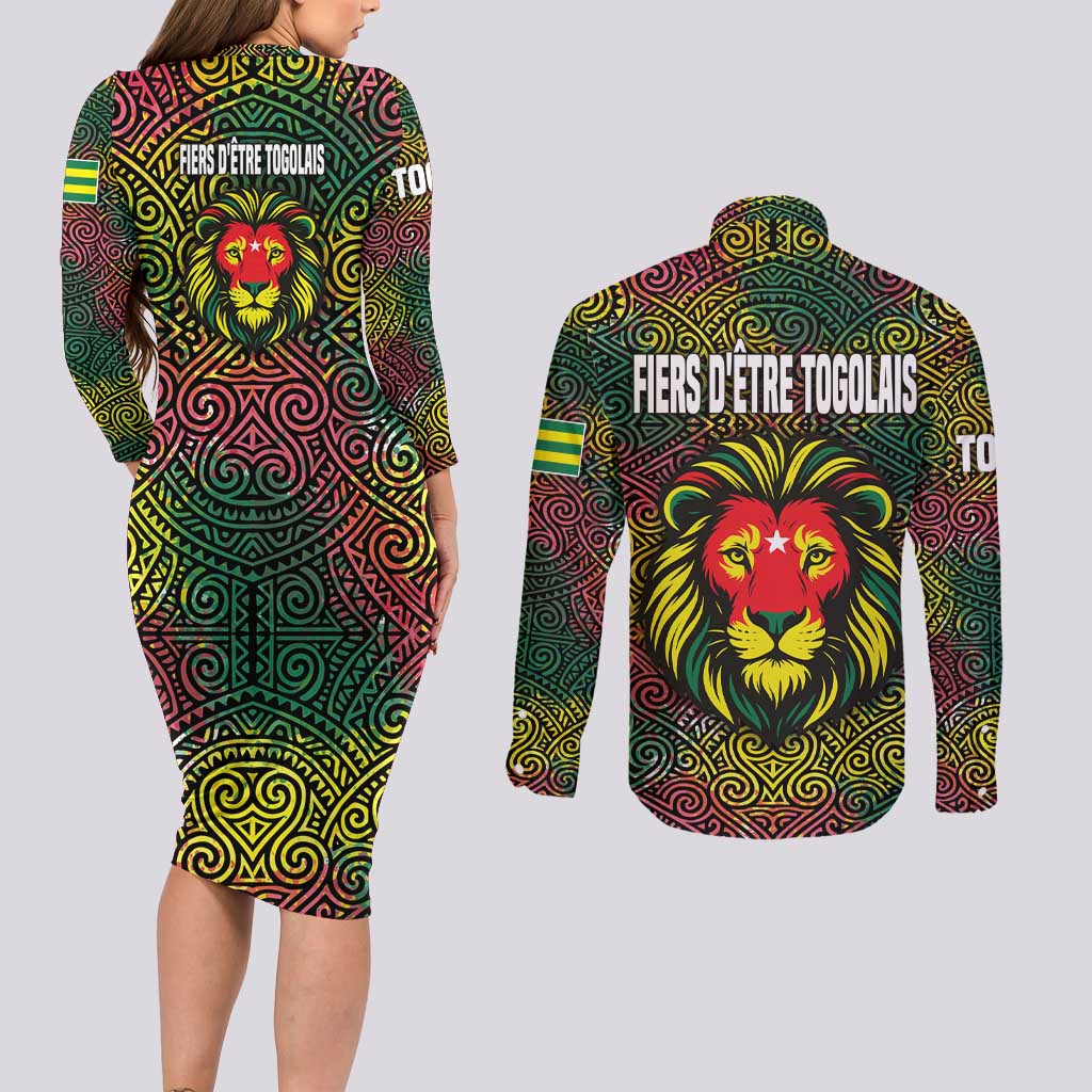 Togo Couples Matching Long Sleeve Bodycon Dress and Long Sleeve Button Shirt with Red Lion Head Design and Traditional African Pattern