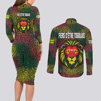 Togo Couples Matching Long Sleeve Bodycon Dress and Long Sleeve Button Shirt with Red Lion Head Design and Traditional African Pattern