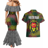 Togo Couples Matching Mermaid Dress and Hawaiian Shirt with Red Lion Head Design and Traditional African Pattern