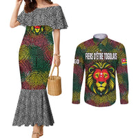 Togo Couples Matching Mermaid Dress and Long Sleeve Button Shirt with Red Lion Head Design and Traditional African Pattern