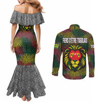 Togo Couples Matching Mermaid Dress and Long Sleeve Button Shirt with Red Lion Head Design and Traditional African Pattern
