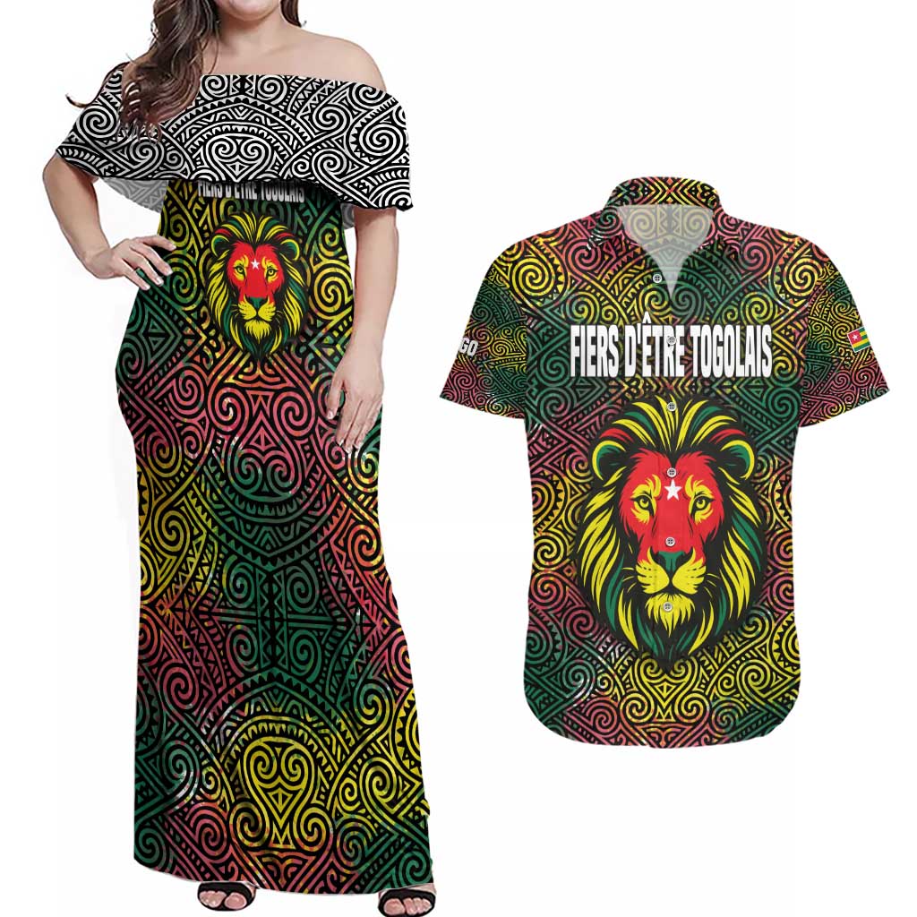 Togo Couples Matching Off Shoulder Maxi Dress and Hawaiian Shirt with Red Lion Head Design and Traditional African Pattern