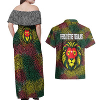 Togo Couples Matching Off Shoulder Maxi Dress and Hawaiian Shirt with Red Lion Head Design and Traditional African Pattern