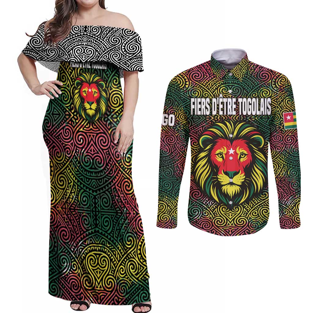 Togo Couples Matching Off Shoulder Maxi Dress and Long Sleeve Button Shirt with Red Lion Head Design and Traditional African Pattern