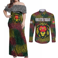Togo Couples Matching Off Shoulder Maxi Dress and Long Sleeve Button Shirt with Red Lion Head Design and Traditional African Pattern
