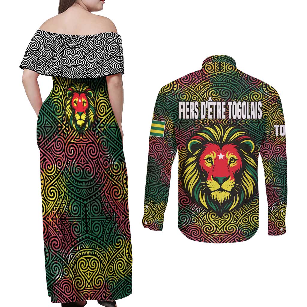 Togo Couples Matching Off Shoulder Maxi Dress and Long Sleeve Button Shirt with Red Lion Head Design and Traditional African Pattern