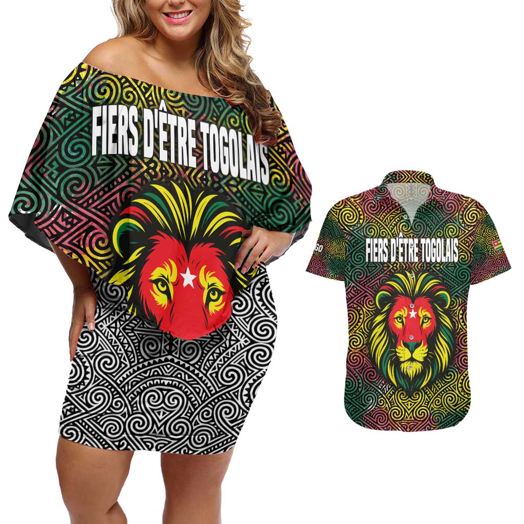 Togo Couples Matching Off Shoulder Short Dress and Hawaiian Shirt with Red Lion Head Design and Traditional African Pattern