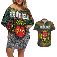 Togo Couples Matching Off Shoulder Short Dress and Hawaiian Shirt with Red Lion Head Design and Traditional African Pattern