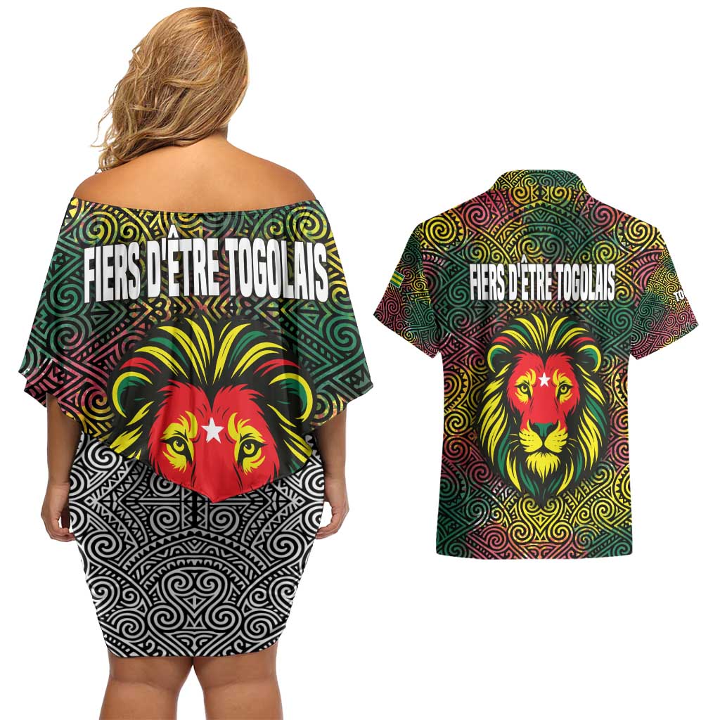 Togo Couples Matching Off Shoulder Short Dress and Hawaiian Shirt with Red Lion Head Design and Traditional African Pattern